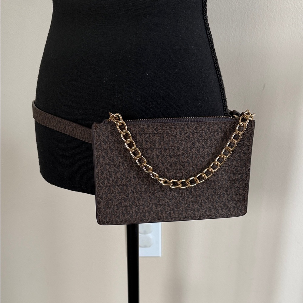 Michael Kors Signature Monogram Belt Bag Fanny Pack w/ Gold Chain - Size small